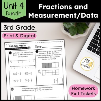 Preview of 3rd Grade Fractions, Measurement, Data Worksheet/Exit Ticket -iReady Math Unit 4