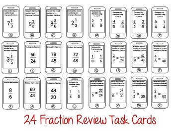 Preview of Fractions Mixed Numbers Improper Lowest Terms Review Task Cards Exit Tickets