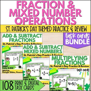Preview of Fractions & Mixed Numbers Operations Task Cards- St. Patrick's Day Math Practice