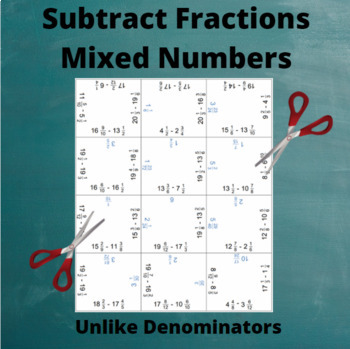 Preview of Fractions Subtraction Jigsaw Puzzle: Mixed Numbers with Unlike Denominators
