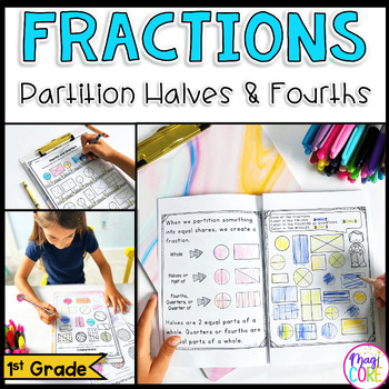 Preview of Fractions - Partition Halves & Fourths - 1st Grade Math - 1.G.A.3 | MA.1.FR.1.1