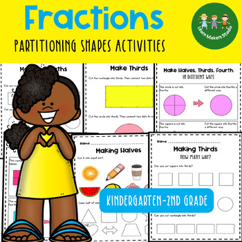 Preview of Kindergarten Fractions Partitioning Shapes Activities Math Center NO PREP