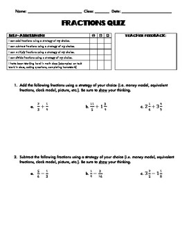 Preview of Fractions Quiz: Adding, Subtracting, Multiplying, Dividing with Self-Assessment