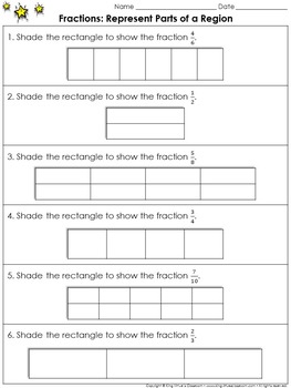 Fractions: Represent Parts of a Region Practice Sheets - King Virtue's ...