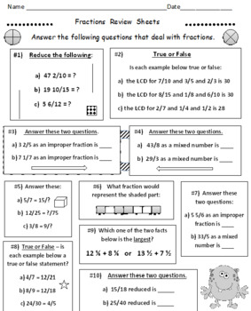 Fractions Review Sheets (Beginning Aspects 3 Worksheets) by David Filipek