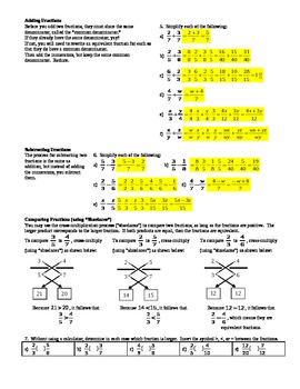 Fractions Review for High School Students with answer key ...