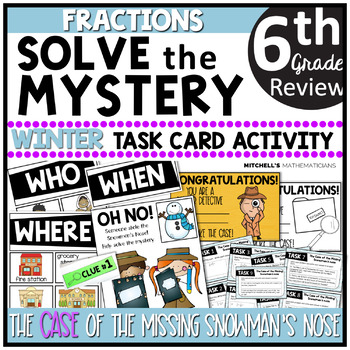Preview of Fractions Solve The Mystery Winter Task Card Activity