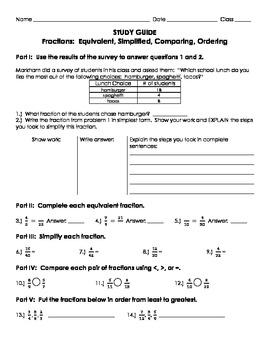 Preview of Fractions Study Guide - Equivalent, Simplified, Comparing, and Ordering