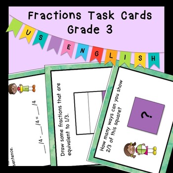 Preview of Fraction Task Cards, equivalent fractions, on number line, comparing, Grade 3 US