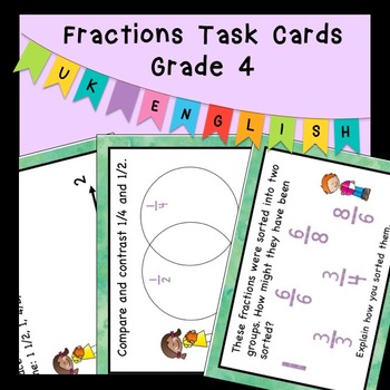 Preview of Fractions Task Cards Grade 4, Equivalent, Comparing, On a number line AUS UK