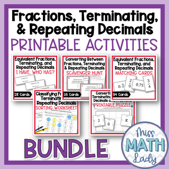 Preview of Fractions Terminating and Repeating Decimals Printable Activity BUNDLE