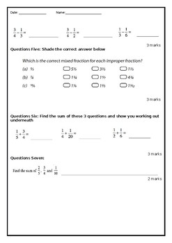 Preview of Fractions Test Add and Subtract Related Denominators, Mixed Numeral Questions