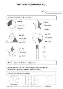 Preview of Fractions Test Assessment ACARA Year 2 Australia