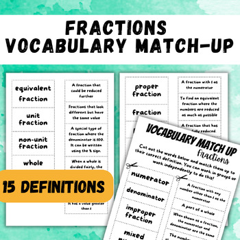Preview of Fractions Vocabulary Sorting + Matching Cut and Stick Activity