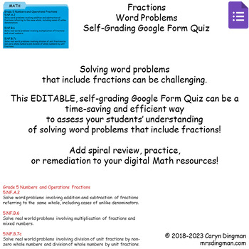 Preview of Fractions Word Problems Self Grading Google Form Quiz 5th Grade
