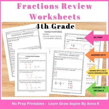 Fractions review worksheets for 4th grade