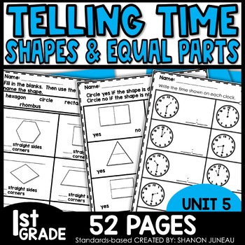 Preview of Fractions, Shapes, Telling Time 1st Grade Math Review Worksheets Morning Work