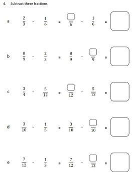 Fractions Worksheets, 4th Grade, 5th Grade - Subtracting Fractions