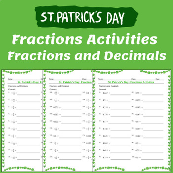 Preview of Fractions and Decimals Activities - Fun St. Patrick's Day Worksheets No Prep