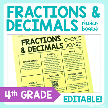 Preview of Fractions and Decimals 4th Grade Math Choice Board - Extension Activities