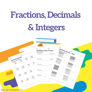 Fractions and Decimals Math Practice Worksheets, Integers BUNDLE