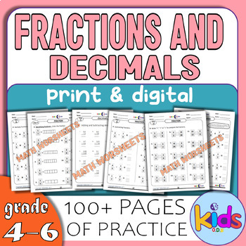 Preview of Fractions and Decimals Math Worksheets For Grades 4-6