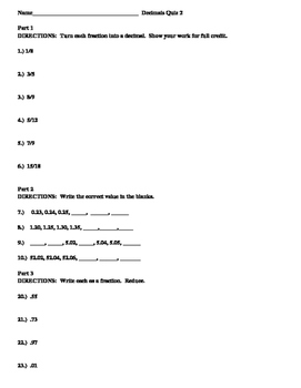 Preview of Fractions and Decimals Quiz