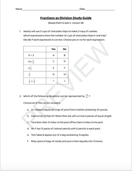 Preview of Fractions as Division - Grade 5 Study Guide - Ready Math Lesson 18