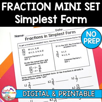 Preview of Fractions in Simplest Form (GCF) Worksheet | Simplifying Fractions