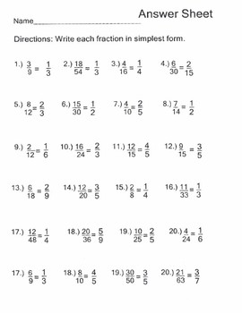 Fractions in Simplest Form Worksheet and Answer Guide by ...
