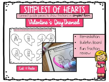 Preview of Fractions in Simplest Form- Valentine's Day themed puzzle piece match