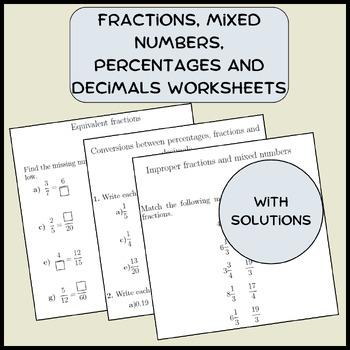 Preview of Fractions, mixed numbers, percentages and decimals worksheets (with solutions)