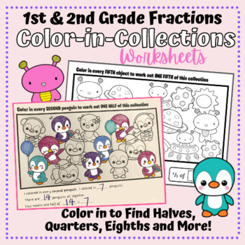 Preview of Fractions of a Set -  Color in Worksheets -Halves, Fourths, Eighths - Collection