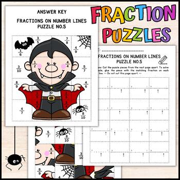 Preview of Fractions on Number Line Puzzles - Halloween Themed Math Worksheets