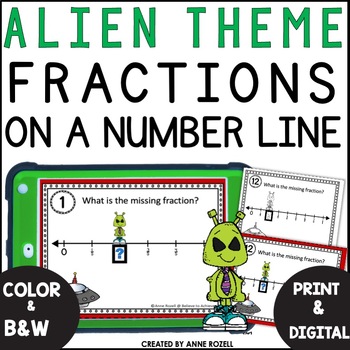 Preview of Fractions on Number Lines Task Cards | Alien Theme