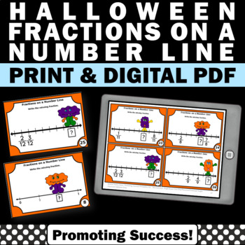 Preview of Fractions on a Number Line Task Cards 3rd Grade Halloween Math Review Centers