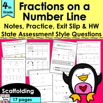 Preview of Fractions on a Number Line: no prep notes, CCLS practice, exit slip, HW, review