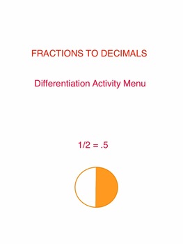 Preview of Fractions to Decimals Differentiation Activity Menu