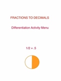 Fractions to Decimals Differentiation Activity Menu