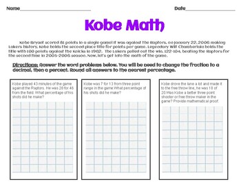 Preview of Fractions to Percent Word Problems (Kobe Edition)