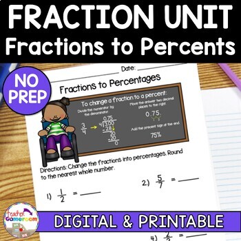 Preview of Fractions to Percents Worksheets | Fraction Unit