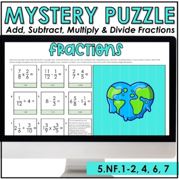 Preview of Fractions with Unlike Denominators Digital Mystery Puzzle Pixel | Earth Day