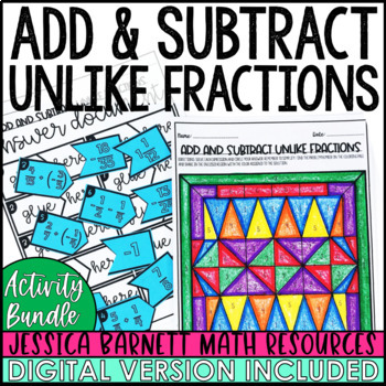 Preview of Fractions with Unlike Denominators and Negatives Activity and Worksheet Bundle