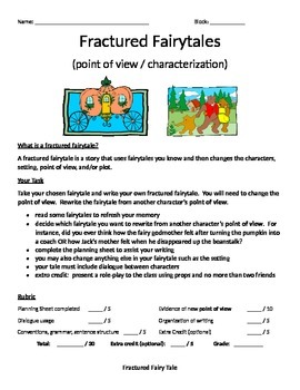 Preview of Fractured Fairy Tale (point of view), rubric, and teacher's sample