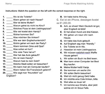 Preview of Frage Worte Matching activity