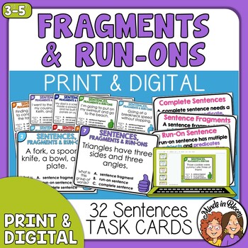 Preview of Sentence Fragments and Run-Ons Task Cards | Print & Digital | with Anchor Charts