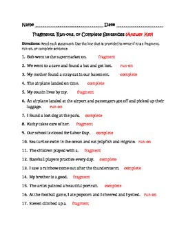 Fragments, Run-Ons, and Complete Sentences (Worksheet) | TpT