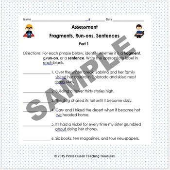 Fragments, Run-ons, & Sentences ASSESSMENT/CCSS 4th Grade Up/Digital ...