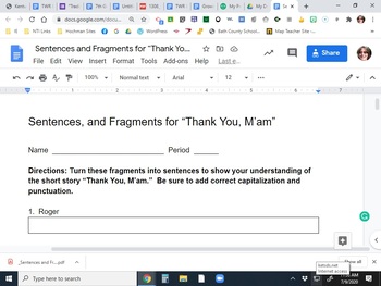 Preview of Fragments in "Thank You, M'am" -  based on The Writing Revolution method