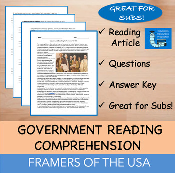 Preview of Framers of the United States - Reading Comprehension Passage & Questions